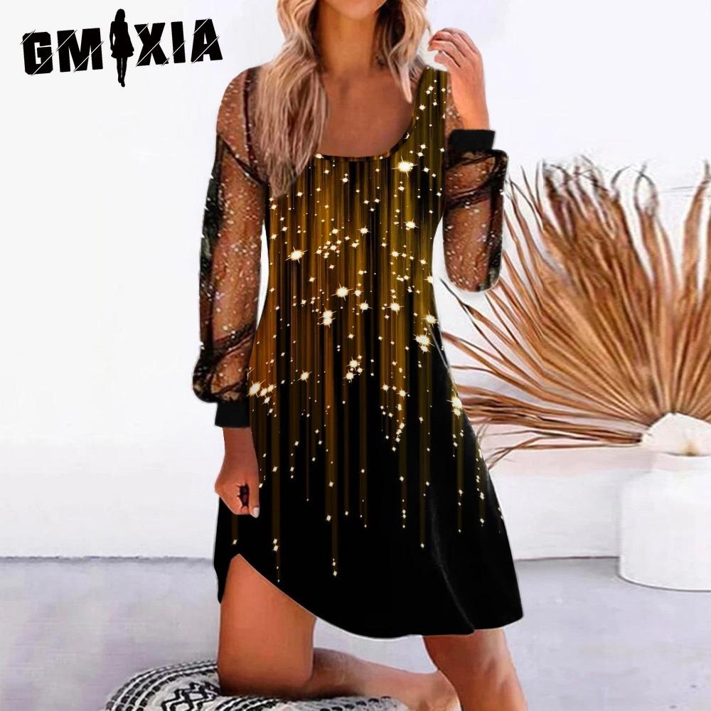 GMXIA Women's Fashion Spring Autumn Solid Color Print Long Sleeve U-Neck High Waist Casual Dresses