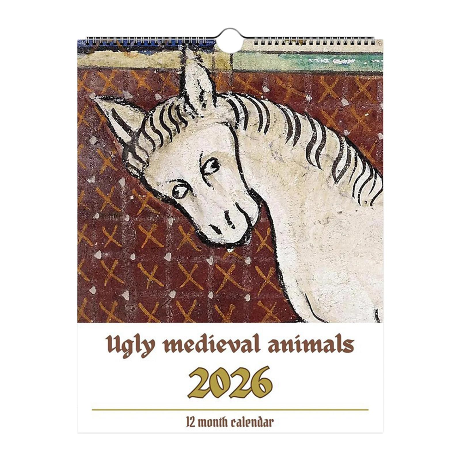 2026 Wall Calendar with Medieval Animal Theme Ugly Style Humorous Illustration Design for Office Home Decor and Gift Use Animal