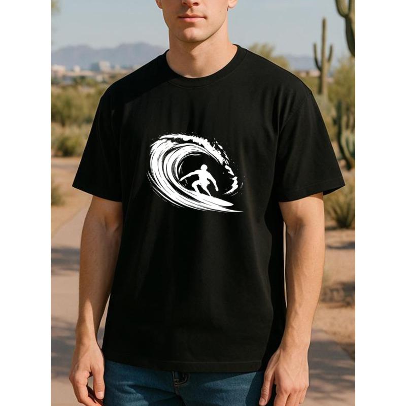 Evropské velikosti Surfer Černý potisk Tričko | Pánské ležérní a trendy tričko s potiskem, Vhodné pro denní nošení a domácí oblečení, Všestranné pro všechna roční období, Kulatý výstřih