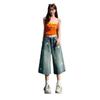 Fashion Summer Vintage Star Printed Denim Shorts For Women Thin Fabric High Waist Wide Leg Cropped Capri Pants Versatile Loose Straight Slimming