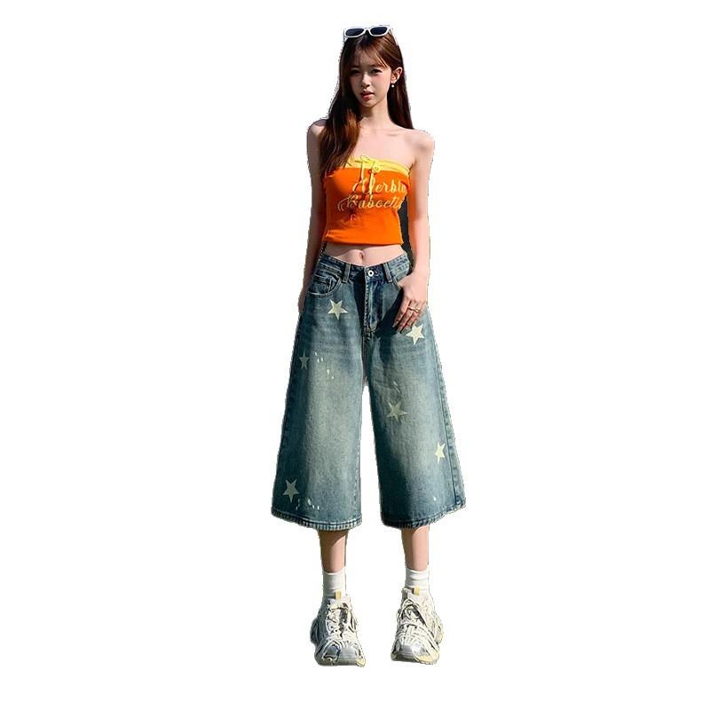 Fashion Summer Vintage Star Printed Denim Shorts For Women Thin Fabric High Waist Wide Leg Cropped Capri Pants Versatile Loose Straight Slimming