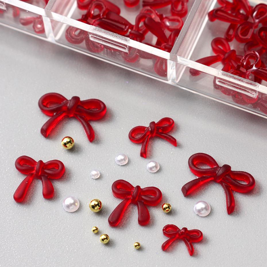 Xiaomi 12 Grid Wine Red Bow Tie Charms Nail Art Decorations with Golden White Jewelry Wedding Nail Supplies Nail Art Decor Accessories