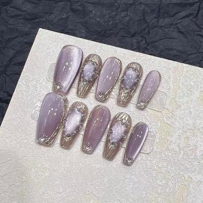 100% HANDMADE Fake Nail Set With Glue Bachilati Magic Mirror Purple Cat Eye Short Style Flashing Phototherapy Nails Reusable and Removable Nails