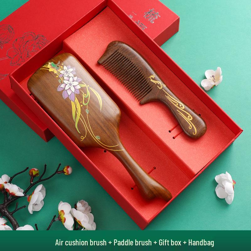 Golden Sandalwood Air Cushion Brush & Wood Comb Gift Set - Scalp Massage Hairdressing Comb for Women, Perfect Nurse's Day Gift.