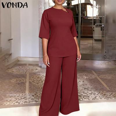 2PCS Women 3/4 Sleeve Blouse and Pants Casual Elegant Two Piece Suit Sets