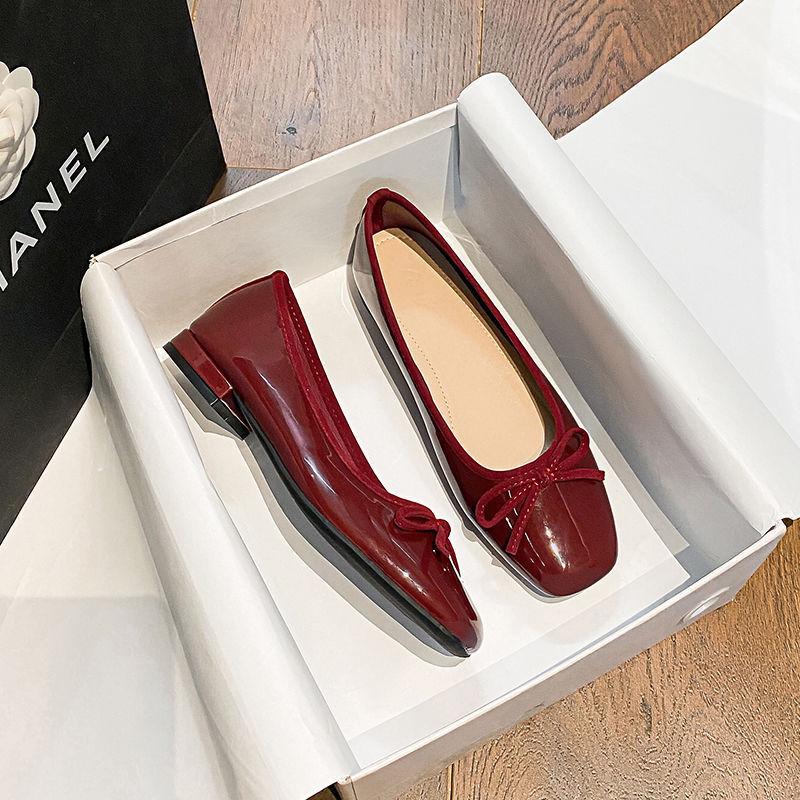 Red Bow Single Shoes Women's Flat Square Heel High Heels Black Shoes Shallow Mouth French Ballet Soft Sole Low Heel Women's Shoes