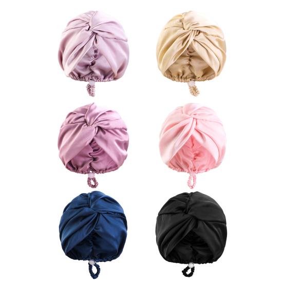 Hair Care Hat Adjustable Telescopic Double Layer Satin Shower Cap Knotted Design Waterproof Hair Bonnet