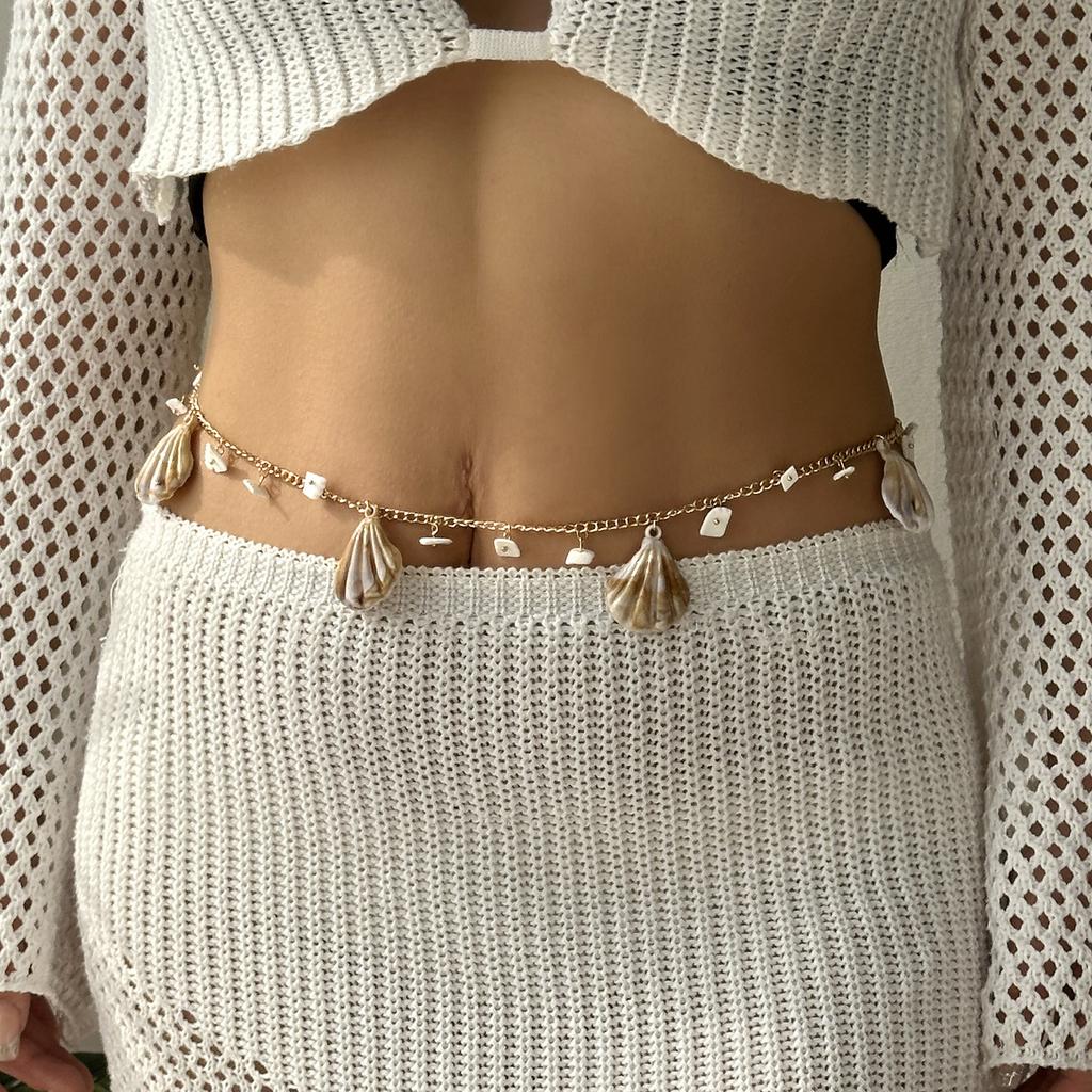 Ocean Series Boho Starfish Conch Pendant Waist Chain for Women Double Layer Imitation Pearl Beaded Belly Chain Body Jewelry
