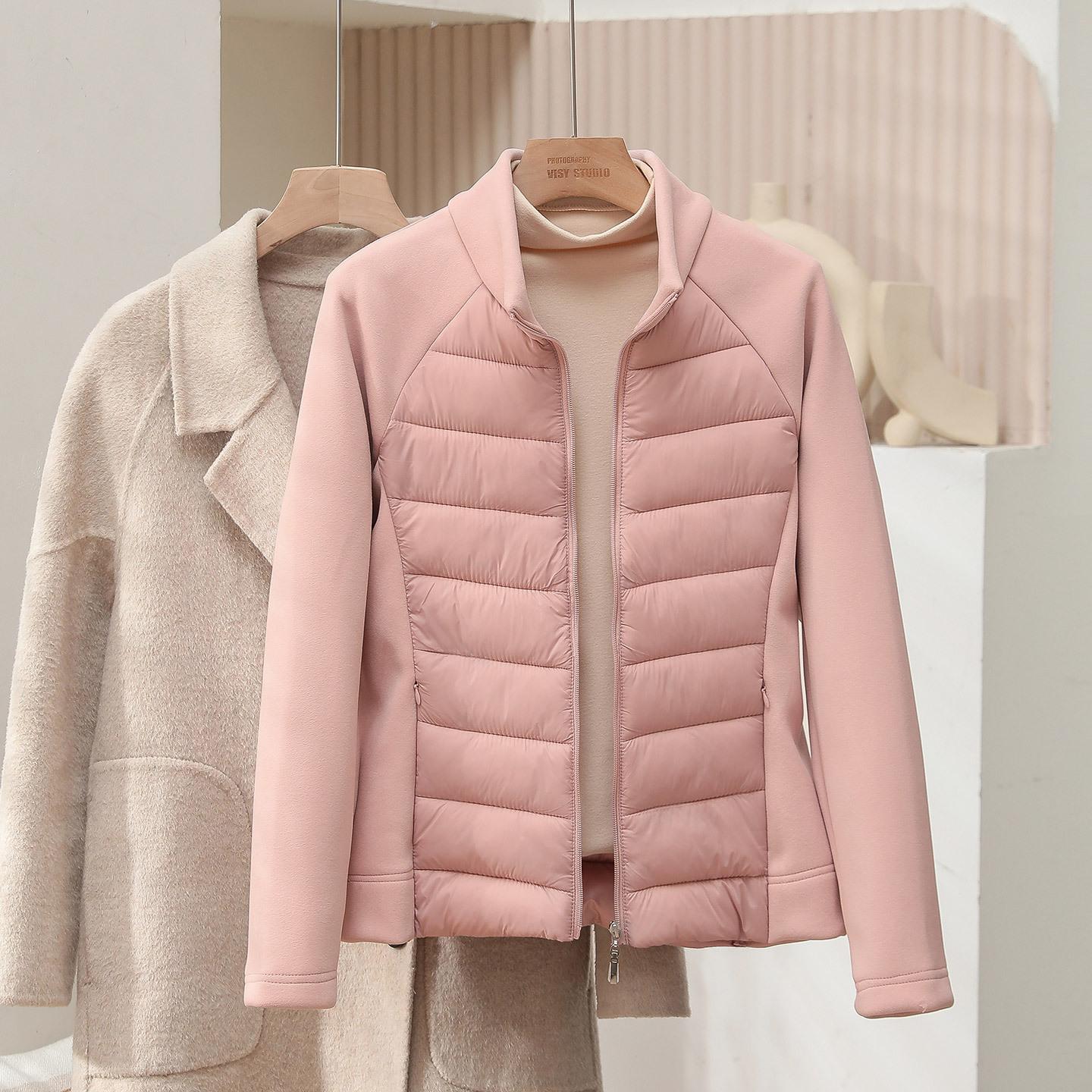 

Winter woolen yoga splicing sports cotton-padded clothes women s stand-up collar slim-fitting outdoor warm fitness cotton-padded jacket women 4XL розовый