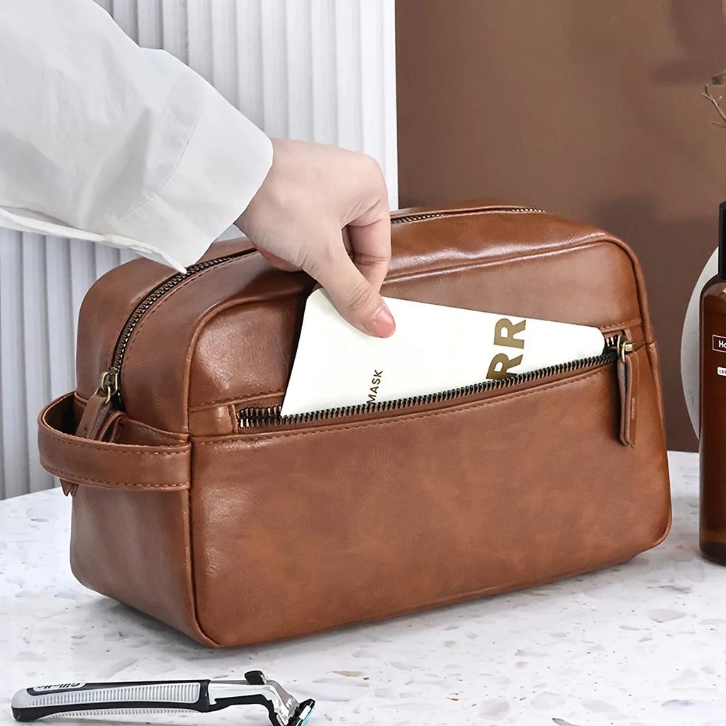 Herren-Kulturtasche aus Leder für Reisen und Geschäftsreisen, tragbare Kosmetiktasche mit großer Kapazität und mehreren Taschen, handliche Kulturtasche aus Leder