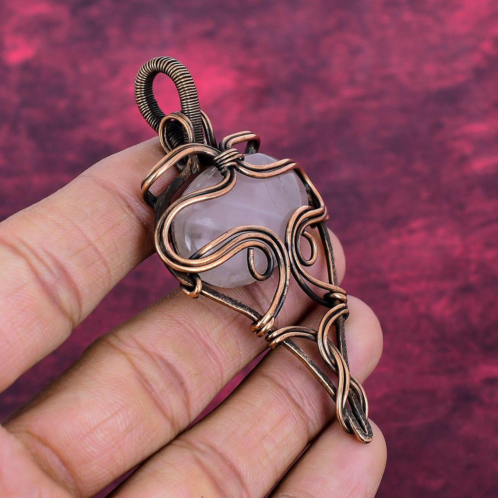 Rose Quartz Pendant Genuine Gemstone Pendant Copper Wire Wrapped Handmade Jewelry
