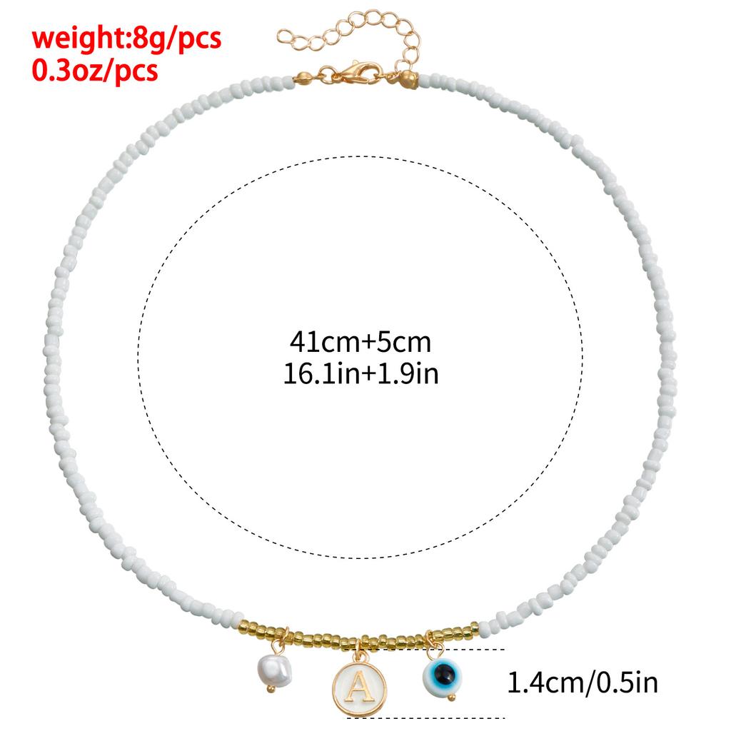 Exclusive, Bohemian White Rice Bead Beaded Necklace, Ethnic Style Alphabet Eye Pendant Necklace
