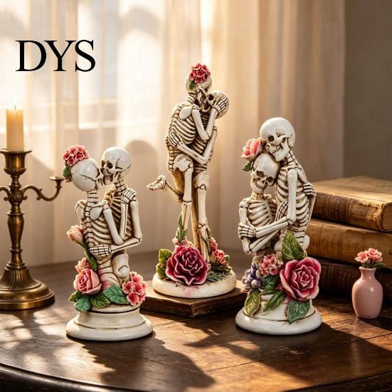 Decorazione per la Casa Dark Romantica Resina Coppia di Scheletri che si Abbracciano Statuetta con Rose, Teschio Gotico Amore Eterno Statua di Amanti Raffinata, Giorno dei Morti