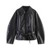 Winter New Fashion Temperament Black Short Lace-Up Leather Jacket