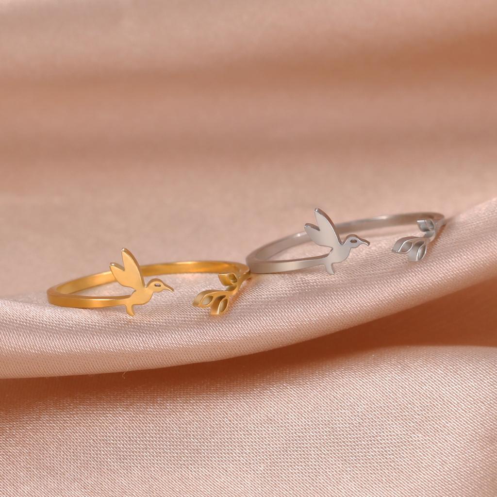 Skyrim Tree Leaves & Bird Open Ring Women Adjustable Stainless Steel Finger Rings 2024 Fashion Jewelry Birthday Gift New In