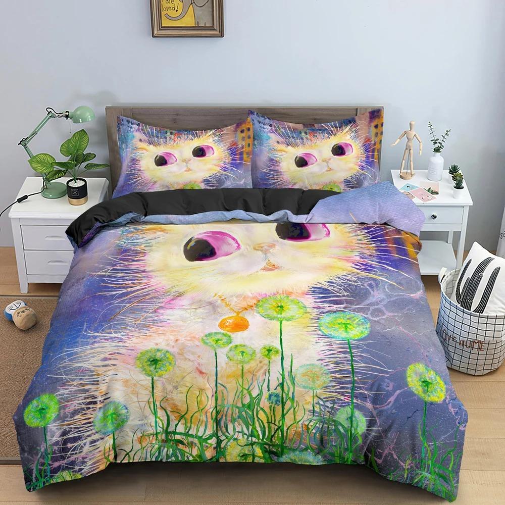 Watercolor Cartoon Cat Bedding Set Boys Girls Twin Queen Size Duvet Cover Pillowcase Bed Kids Adult Home Textileextile