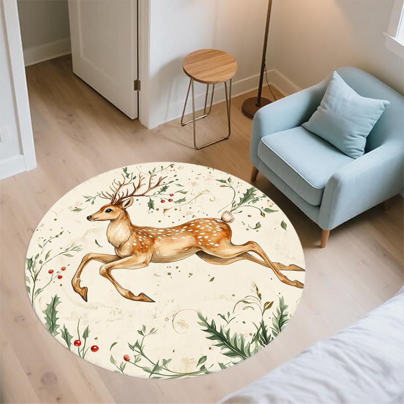 Laufendes Reh,Runder Teppich,Teppich für Wohnzimmer Schlafzimmer Sofa Spielzimmer Dekor,Rutschfeste Fußmatte