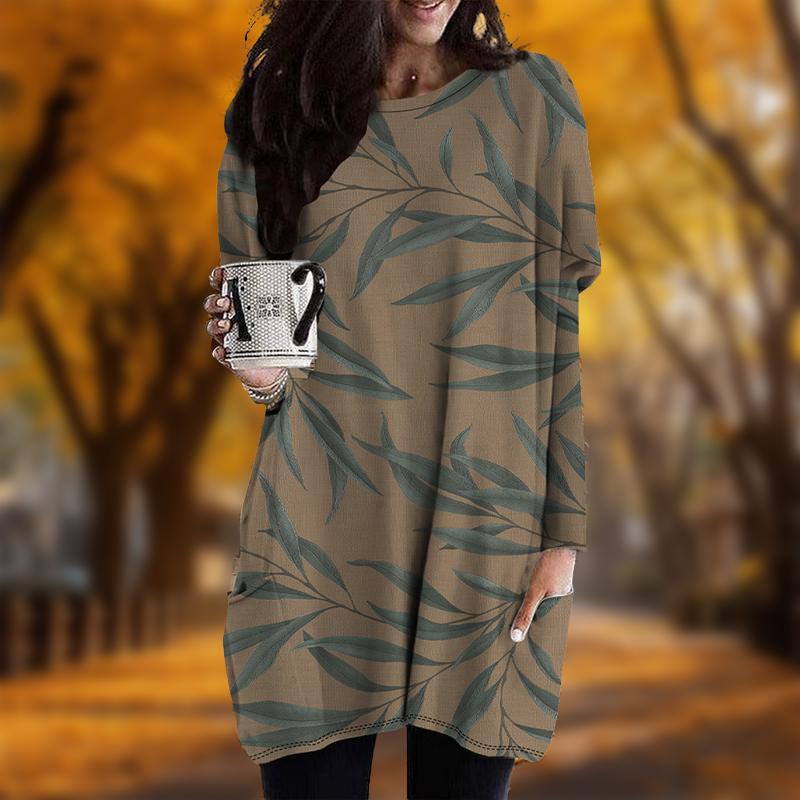 

Новинка осени с принтом листьев старинных деревьев больших размеров женское платье с круглым вырезом и длинными рукавами повседневные платья с карманами 8XL оранжевый