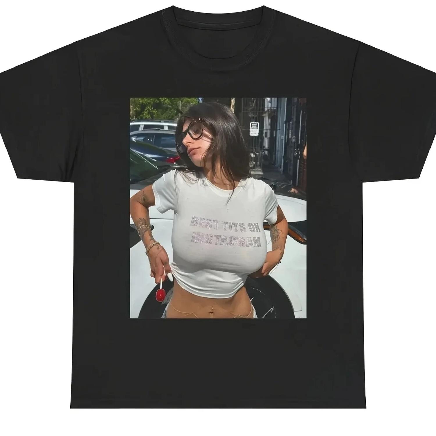 2025 Хлопковая футболка Харадзюку Миа Халифа Футболка Эстетичная Одежда для Девушек Футболки с Принтом Топ Y2k Тот же Стиль для Пар S чёрный