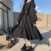 Japanese Sweet Lolita Dress Long-Sleeve Plus-Size High-Waisted Black Midi Dress Tummy-Control Pleated Swing A-line Skirt