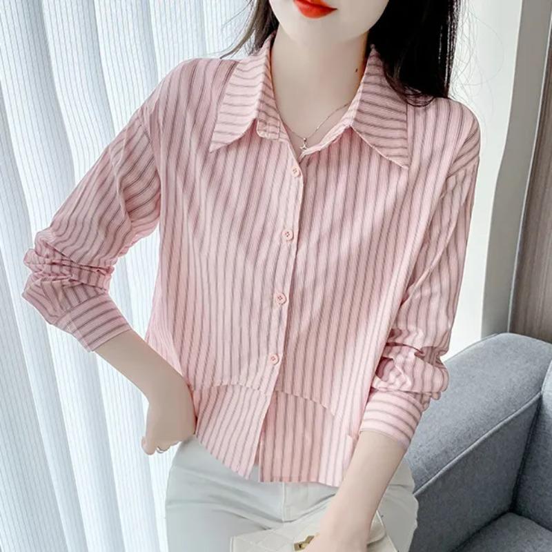 

Fashion Striped Foreign Style Spring Autumn Long-sleeved Bottoming Shirt Chiffon Top S