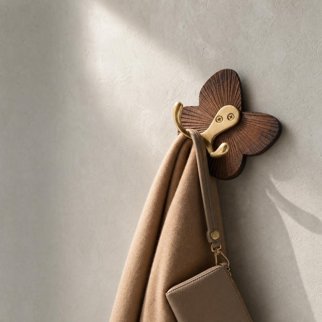 Butterfly Wood Hook, Black Walnut Adhesive Coat Hook, No Sticky Wall Hook for Hats and Jackets