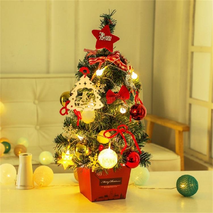 1Pcs Miniature Christmas Tree with Lights and Ornament Handmade Tabletop Decoration Desktop Adorment Party Supplies