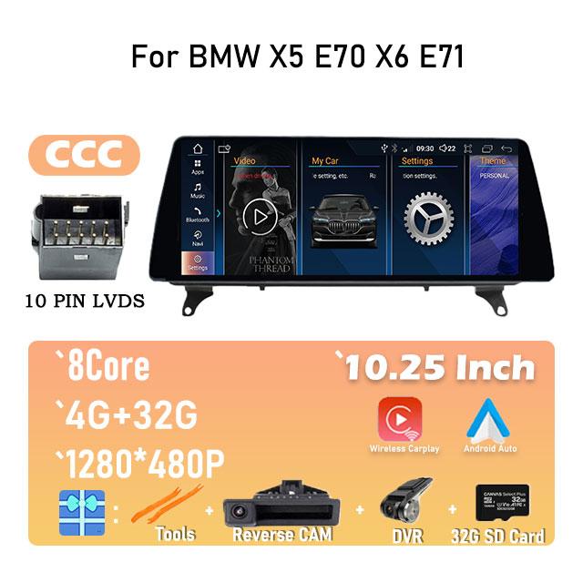 For BMW X5 E70 X6 E71 CCC / CIC System 10.25" IPS Screen Android 14 Car Video Player Multimedia Radio Stereo GPS Navigation