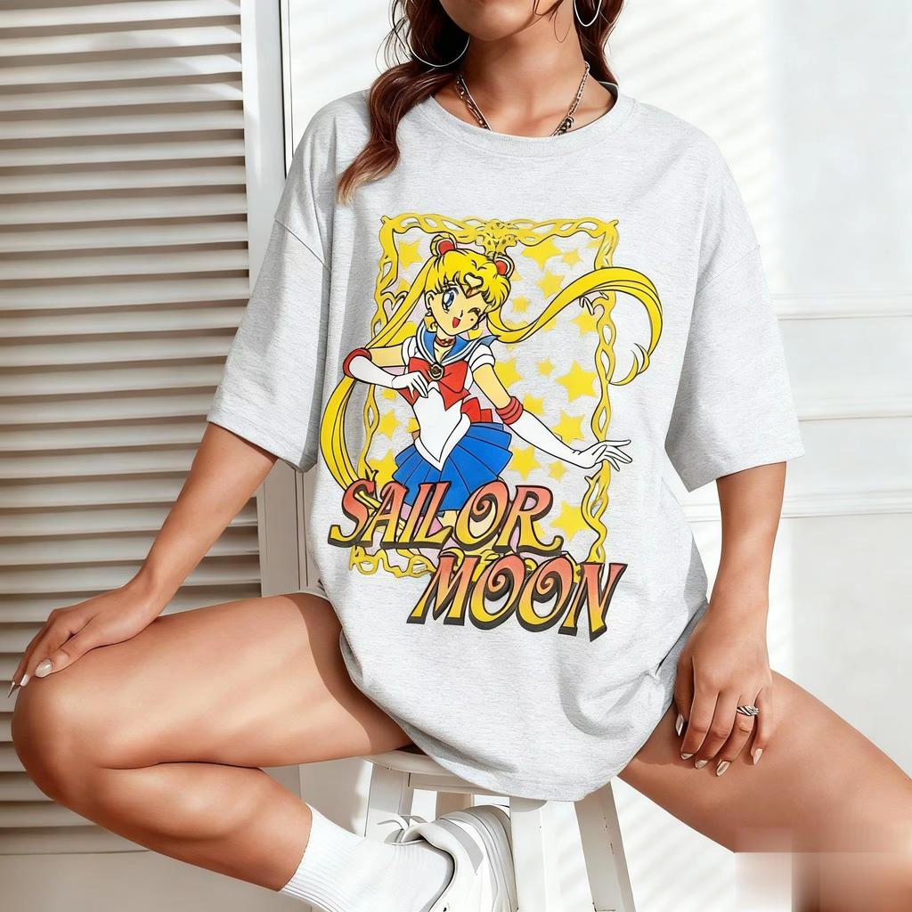 Summer Sailor Moon Graphic Tshirt Unisex Women Anime Print Short Sleeve Tee Oversized Casual Fashion Y2k Clothes Cotton