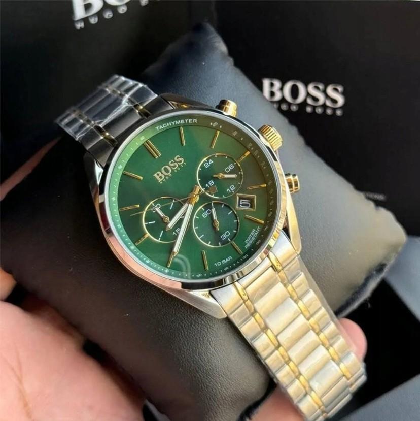 Hugo Boss 1513878 Men's Watch Silver/Gold Strap Green Dial 44 Mm + Box