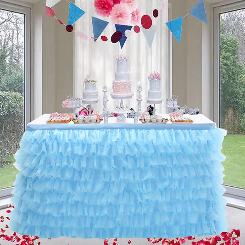 Multilayer Bright Tulle Table Skirt For Rectangle /Round Table, 6/9FT Cake Table Skirt For Birthday Wedding Banquet Table Decor