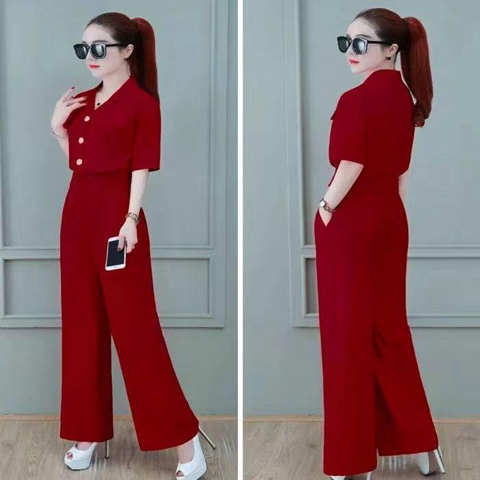 Women's Summer Fashion Suit: Short Slim Fit Top & Wide-Leg Pants Two-Piece Set