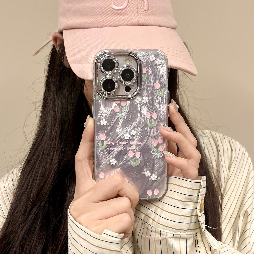 New Tulip Flowers Suitable for Apple 16promax Feather Yarn Phone Case IPhone 15 Flash Powder Lens Film 14
