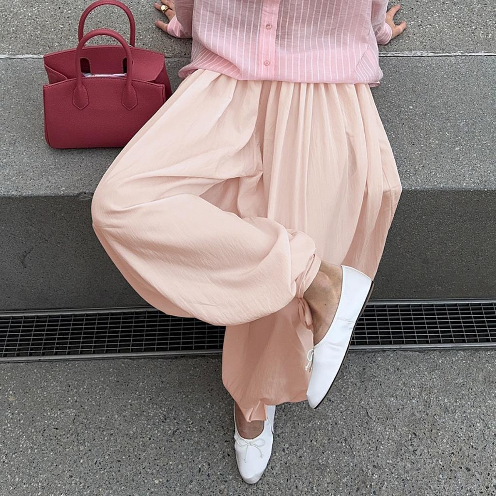 Women's Spring Summer High Waist Paper Bag Wide Leg Lantern Pants Tie Waist Loose Slimming Trousers