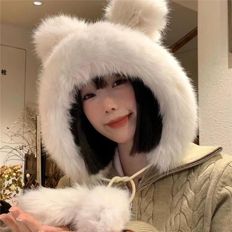 Warm Bear Ears Cute Plush Hat Female Autumn and Winter Face Little Student Hat Cycling Ear Protector Lei Feng Hat