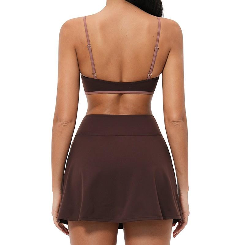 Womens Moisture-Wicking Tennis Skirt Set With Built-in Bra Sleeveless Sporty Two-Piece Outfit Running Gym Cycling