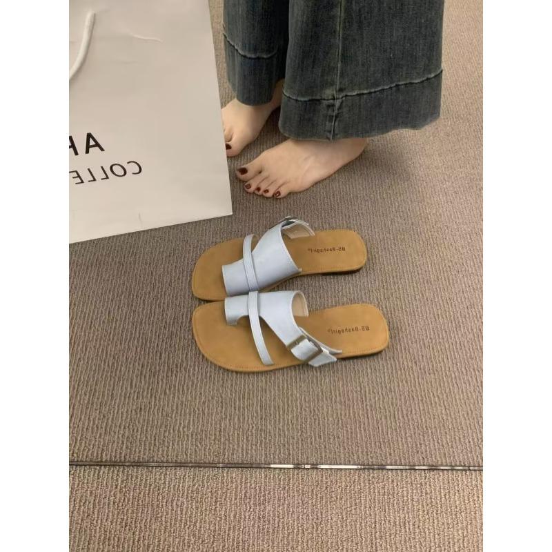 Fashion Slippers New Summer Korean Brown Toe Retraction Flat Shoes Vintage Simple Leather Ladies Women Walking Outdoor Beach Sandals