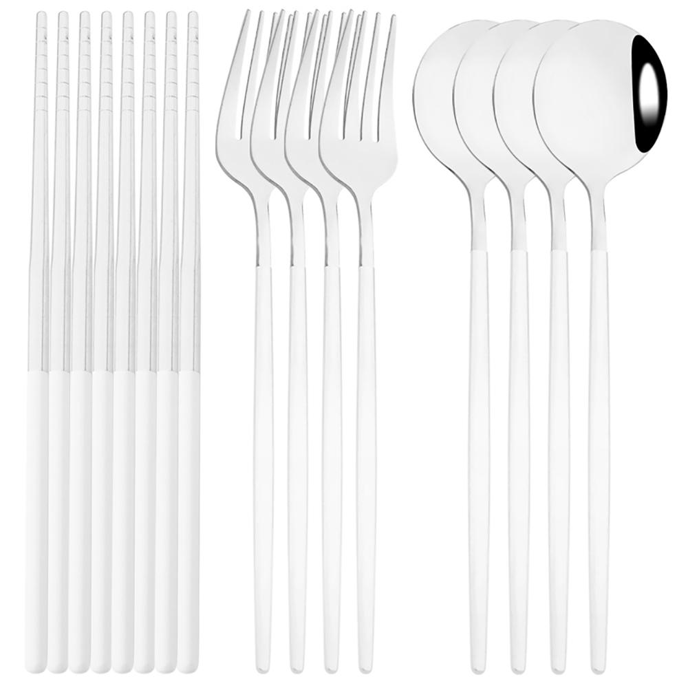 12-16Pcs Chopsticks Knife Fork Spoon Cutlery Set Green Gold Dinnerware Set Luxury Stainless Steel Flatware Korean Tableware Set
