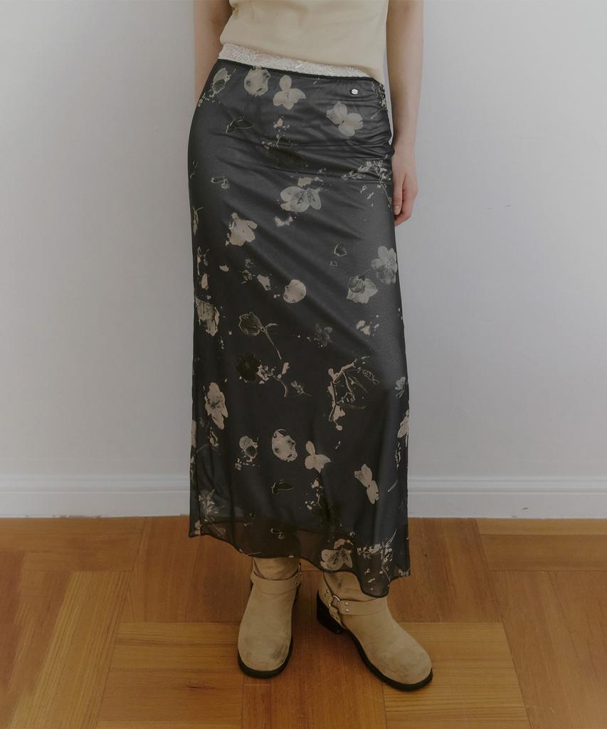 Teuwi Port Flower Mesh Banding Long Skirt
