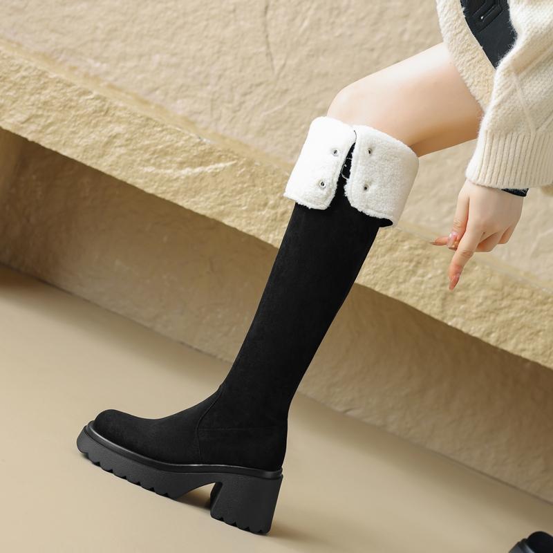 Fashion Women's new winter round toe thick soled metal belt buckle over the knee, mid heel, plus size motorcycle boots, snow boots