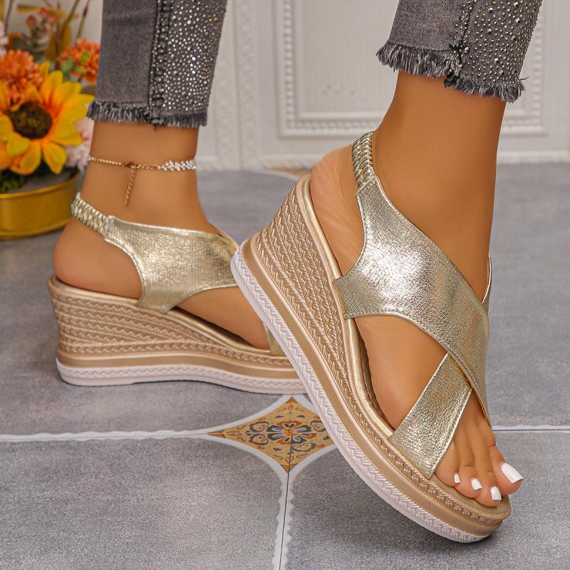 Classic Pu Cross Strap Gladiator Sandals Women 2025 Summer Sexy Round Toe Wedge Heel Sandals Thick Bottom Beach Shoes