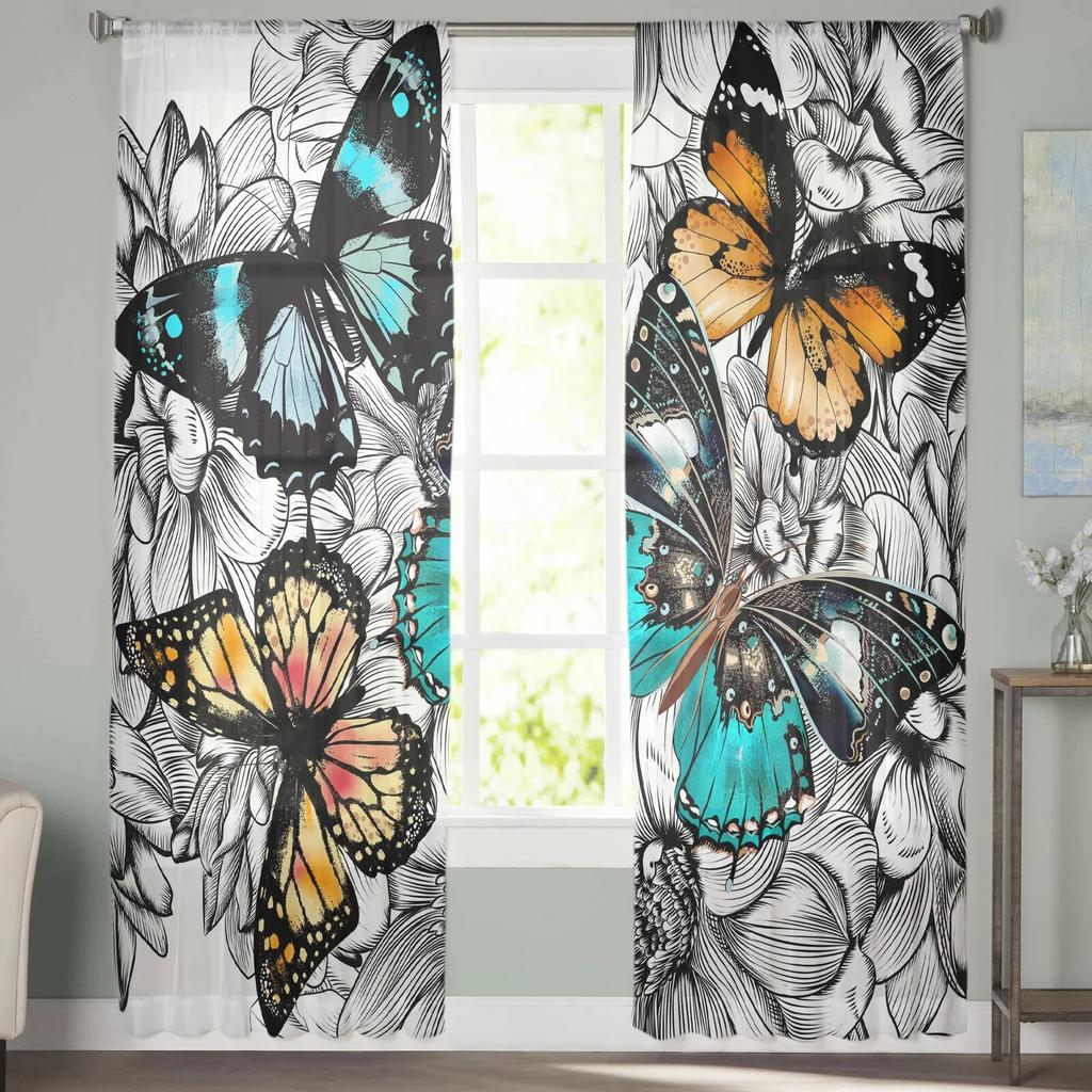 Flower Butterfly Tulle Curtains for Bedroom Living Room Chiffon Drapes Home Decor Sheer Window Treatments