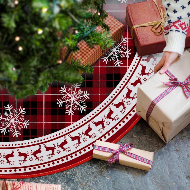 1pcChristmas Tree Skirt Snowflake Reindeer Red and Black Plaid Christmas Carpet Decoration Mall Window Christmas Tree Base Skirt