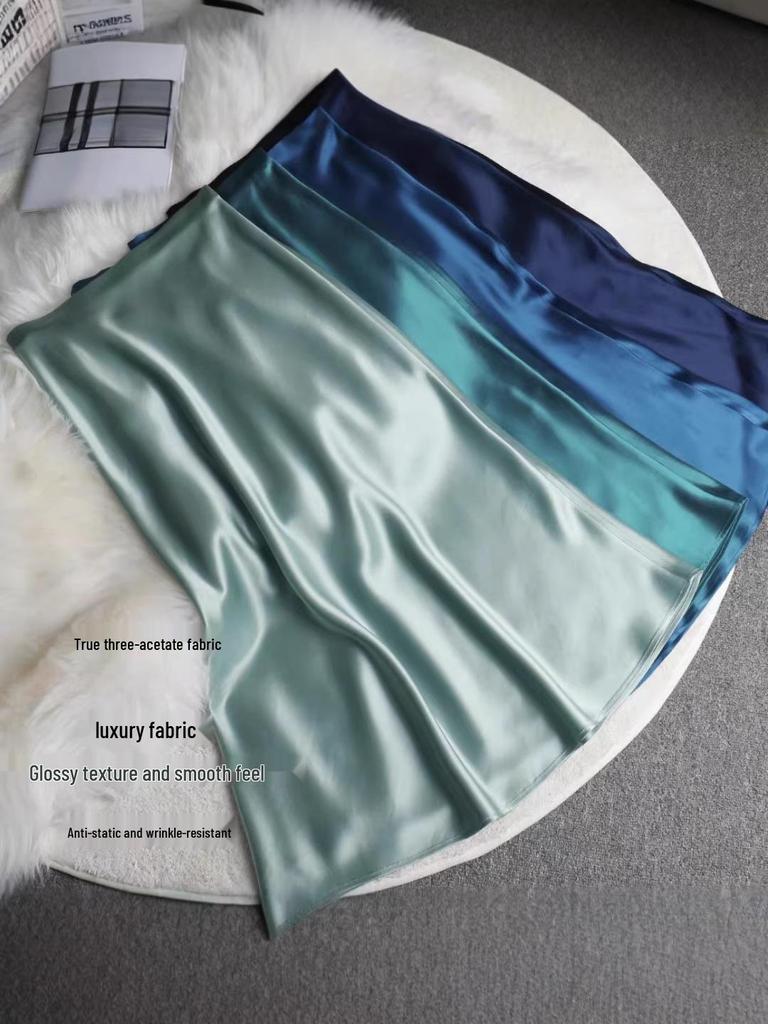 Acetic Acid Fabric Slimming Midi Skirt for Petite Women, A-Line, Mature, Drapey, Lustrous, Elastic Waist