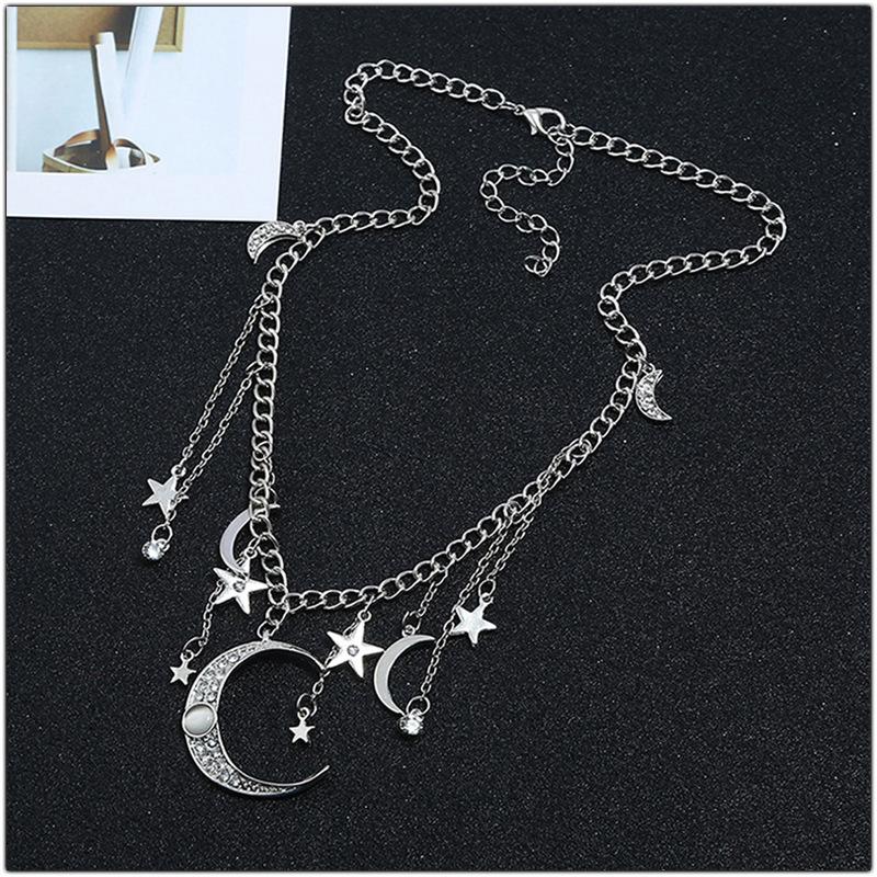 Star Moon Tassel Pendant Necklace - Inlaid Diamond Choker Clavicle Chain