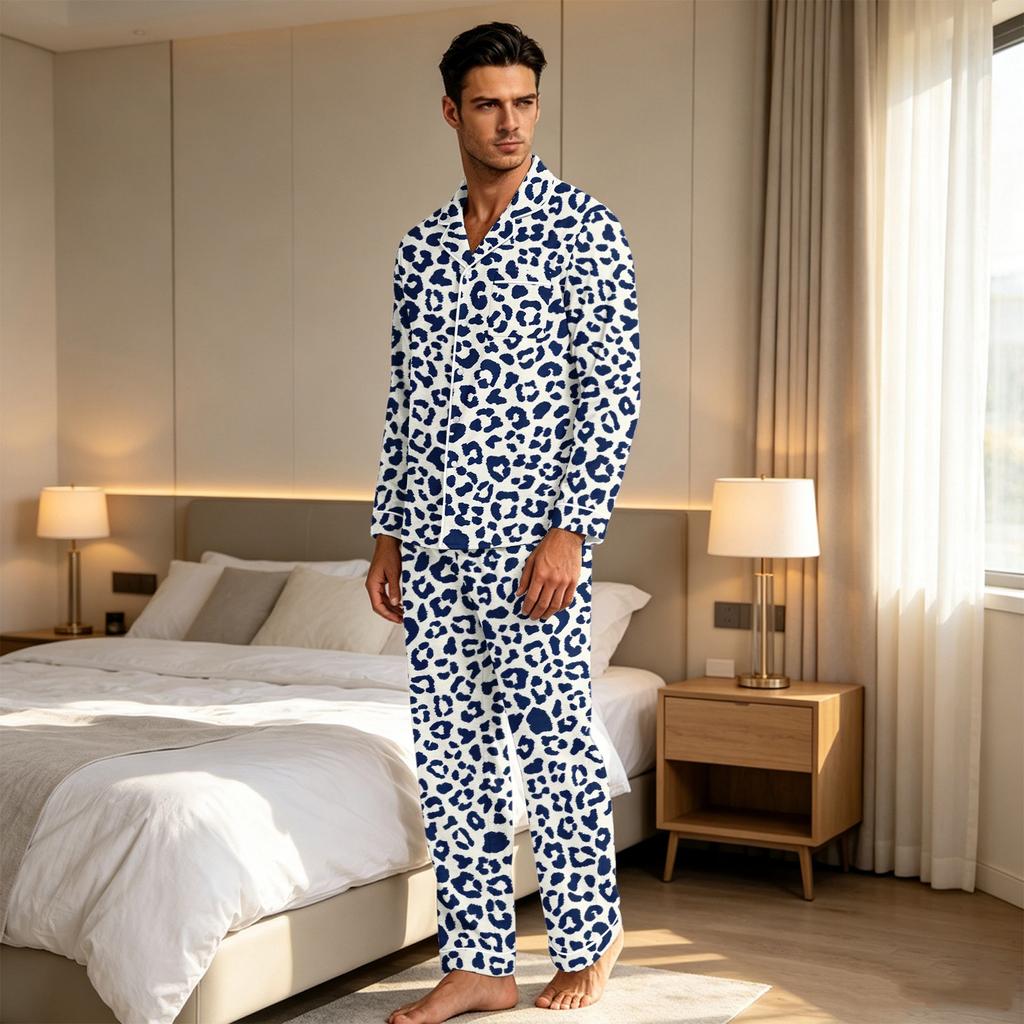 Men's Leopard Print Pajama Set Button Down Shirt and Straight Leg Pants Two Piece Sleepwear