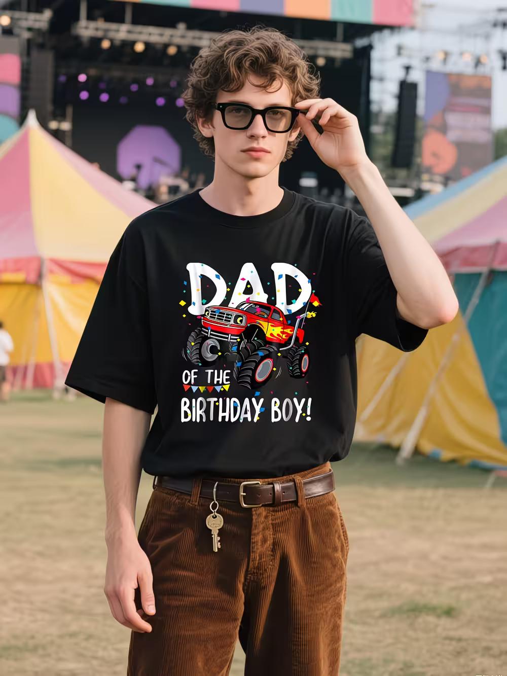 Men Monster Truck Party T-Shirt with Dad Birthday Graphic - Monster Truck Racing M