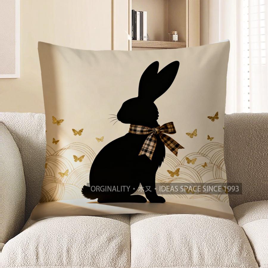 2D Black Rabbit With Butterflies Decorative Pillow Pattern Cushion Cover Suitable For Sofa Bedroom Car Pillow Cover