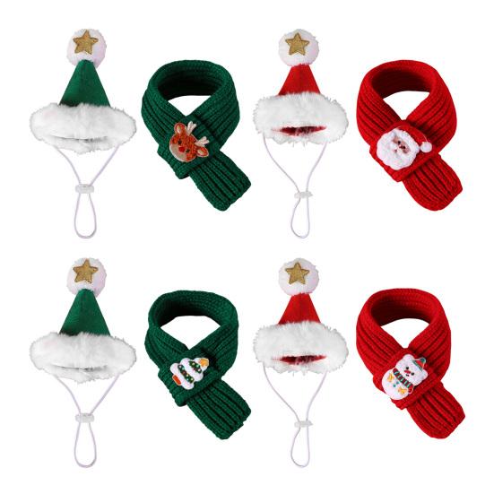 2 Τεμάχια/Σετ Καπέλο Χριστουγέννων για Κατοικίδια και Κασκόλ Ρυθμιζόμενο Καπέλο με Λευκό Πομπόν Πλεκτό Κασκόλ για Γάτες