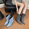 2025 Autumn and Winter New Pointed Thick Heel Trousers Boots Niche Design Sense Sleeve Denim Martin Boots Short Boots Women's Boots
